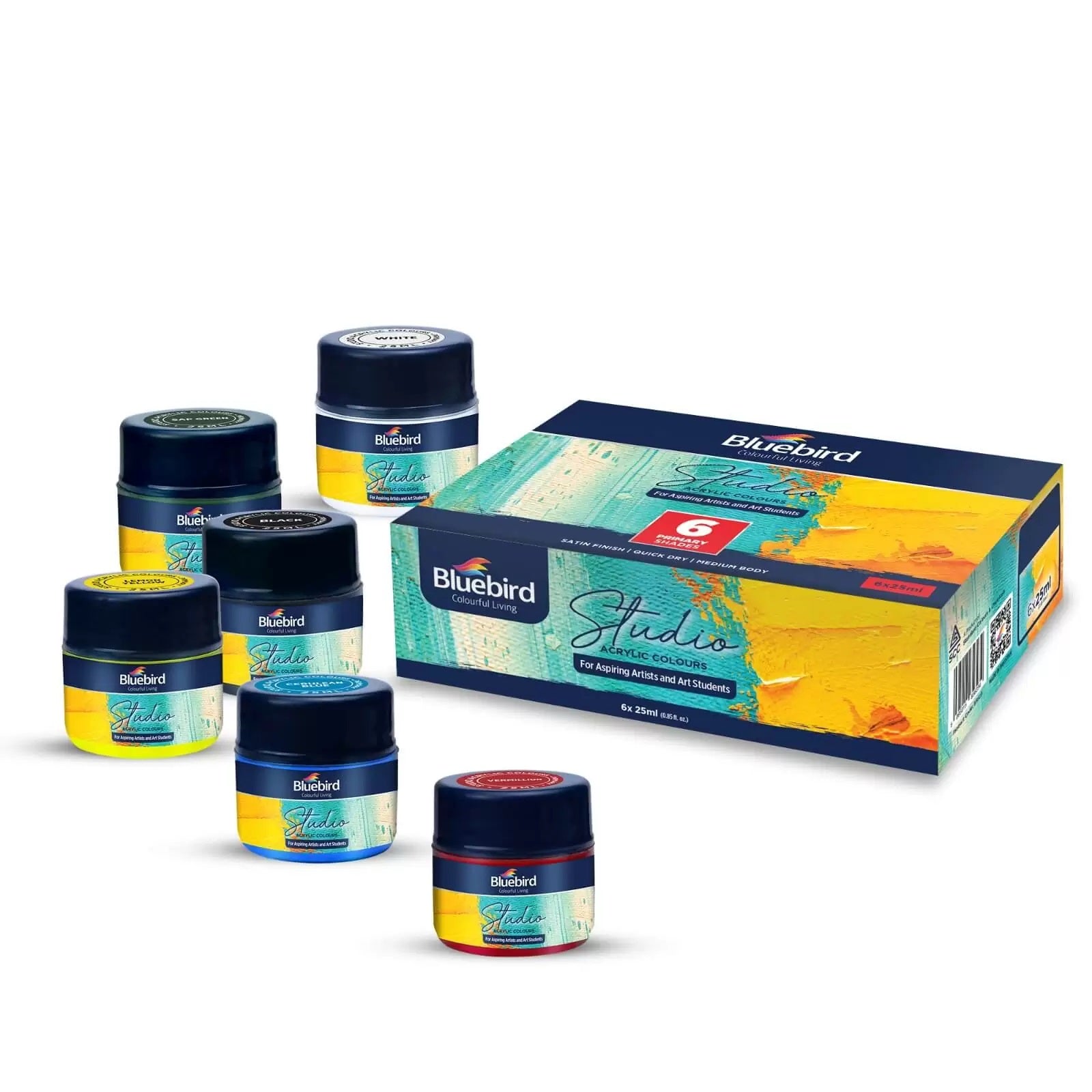 Bluebird Acrylic Paint Primary Colors Student DIY Painting Pack Non-Toxic Art & Craft for Artists, Kids, Adults & Hobby Painters Set of 6 x 25 ml