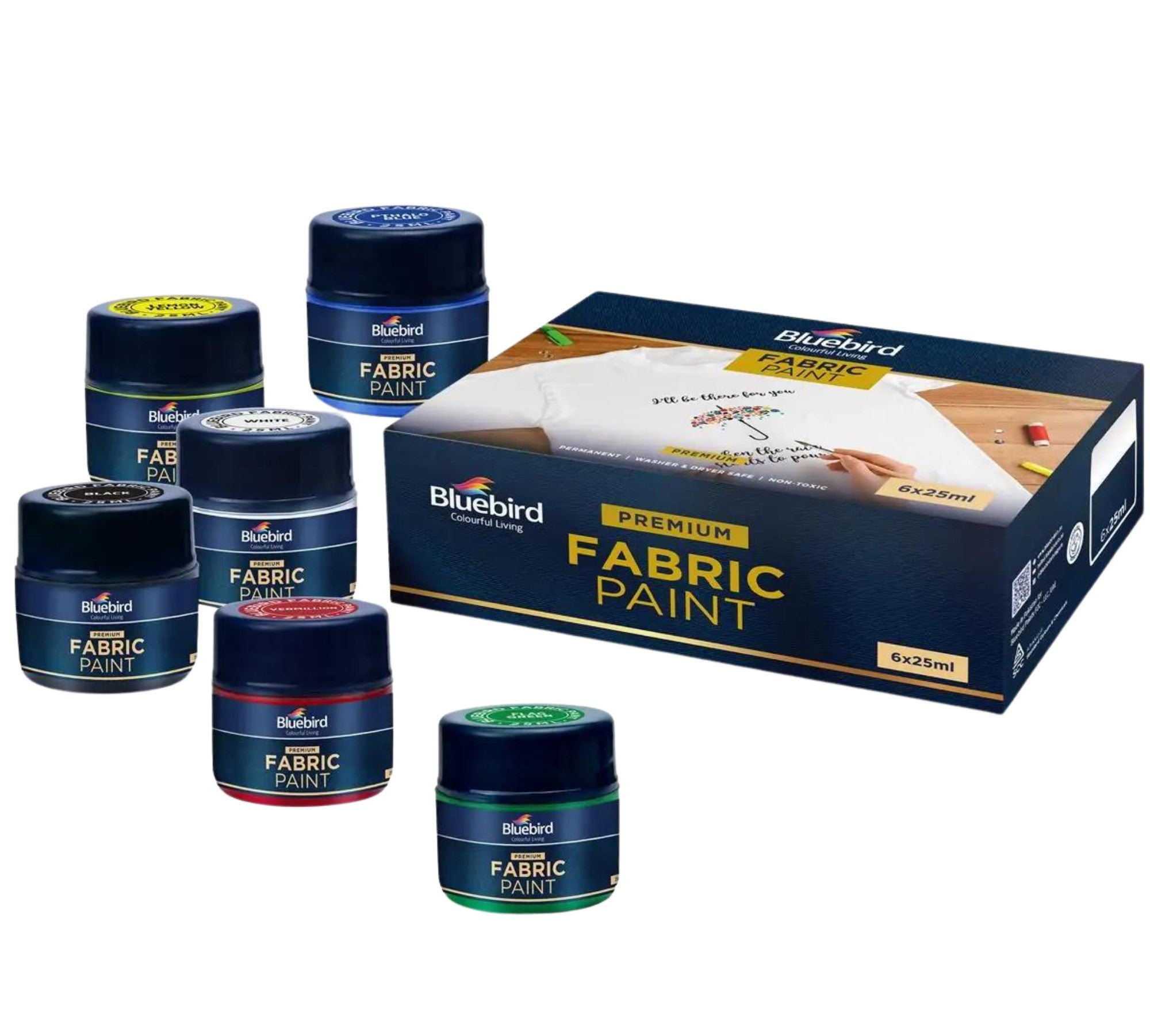 Bluebird Fabric Paints 25 ML x 6 (Set of 6) - Primary Colors - Permanent Textile Paints for Clothes