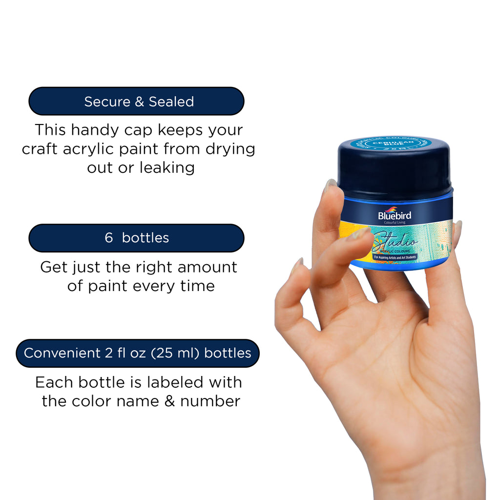 Bluebird Acrylic Paint Primary Colors Student DIY Painting Pack Non-Toxic Art & Craft for Artists, Kids, Adults & Hobby Painters Set of 6 x 25 ml