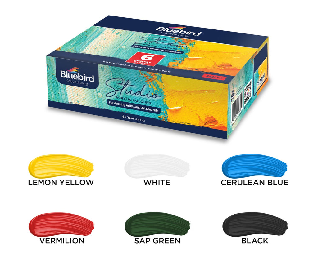 Bluebird Acrylic Paint Primary Colors Student DIY Painting Pack Non-Toxic Art & Craft for Artists, Kids, Adults & Hobby Painters Set of 6 x 25 ml